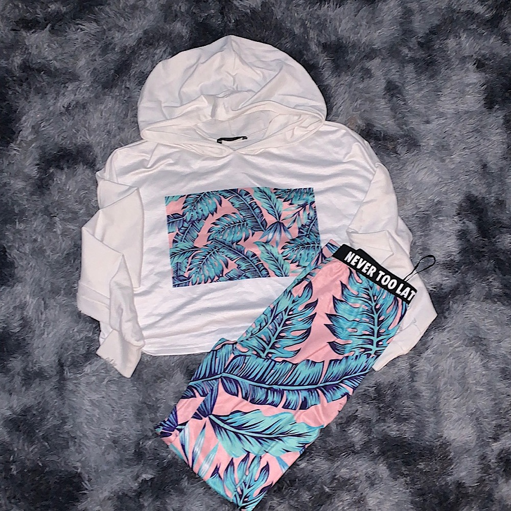 Tropical Print Hoodie & Never Too Late Graphic Legging Set